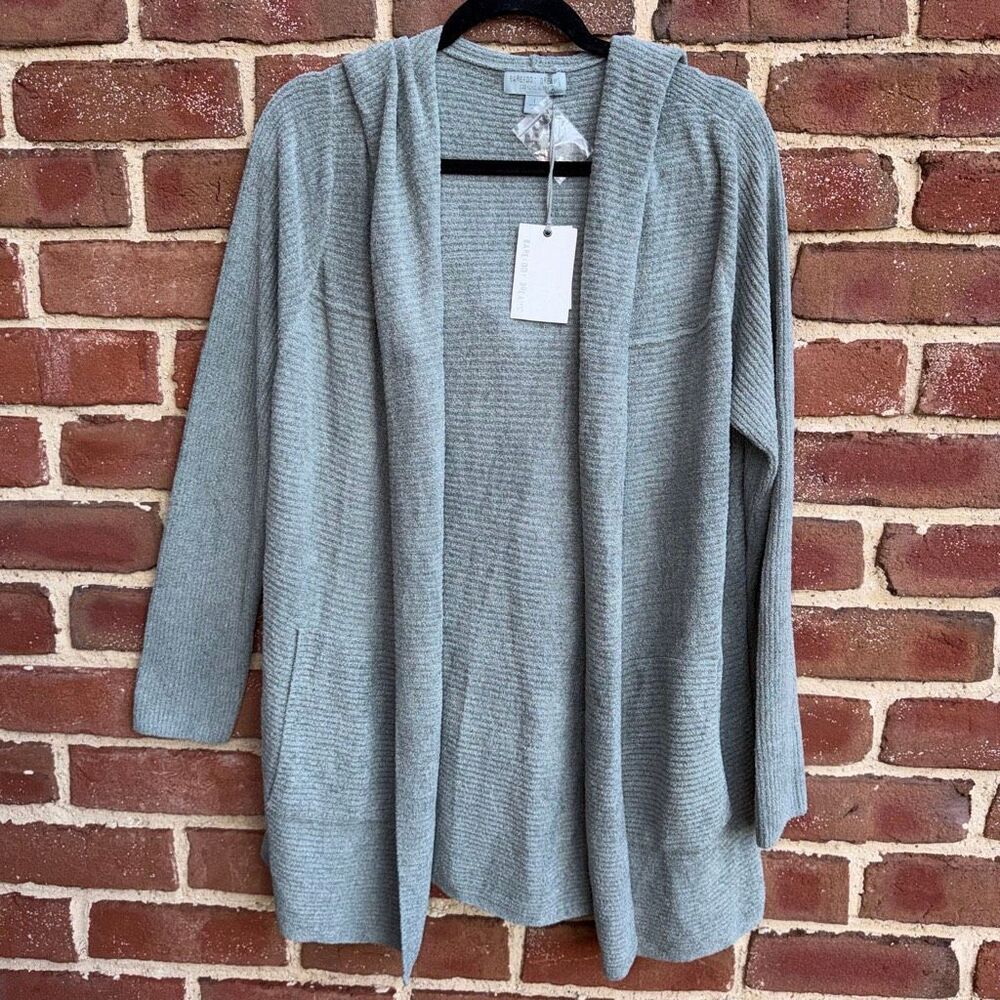 Barefoot Dreams CozyChic Ultra Lite Ribbed Hooded Cardigan faded jade large NWT